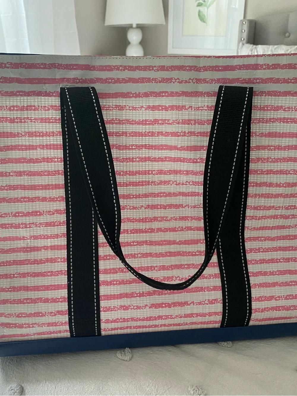 Scout Pink and White Striped waterproof Tote with Navy Handles - Picture 2 of 4